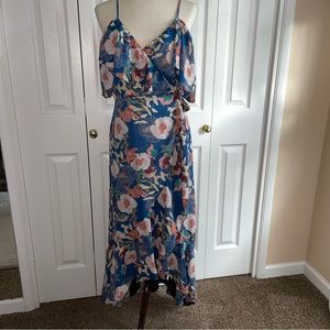 Lulu’s fully bloomed blue floral print off- shoulder maxi wrap dress size M